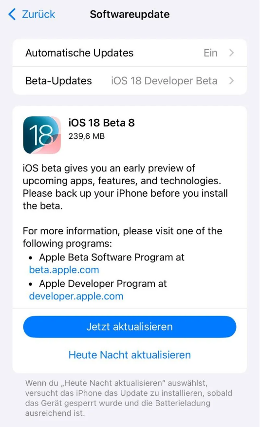 大石桥苹果手机维修分享苹果 iOS / iPadOS 18 开发者预览版 Beta 8 发布 